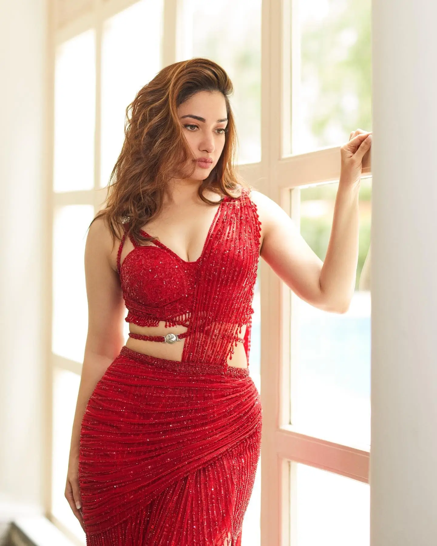 Tamanna Bhatia Hot Saree In Red Color